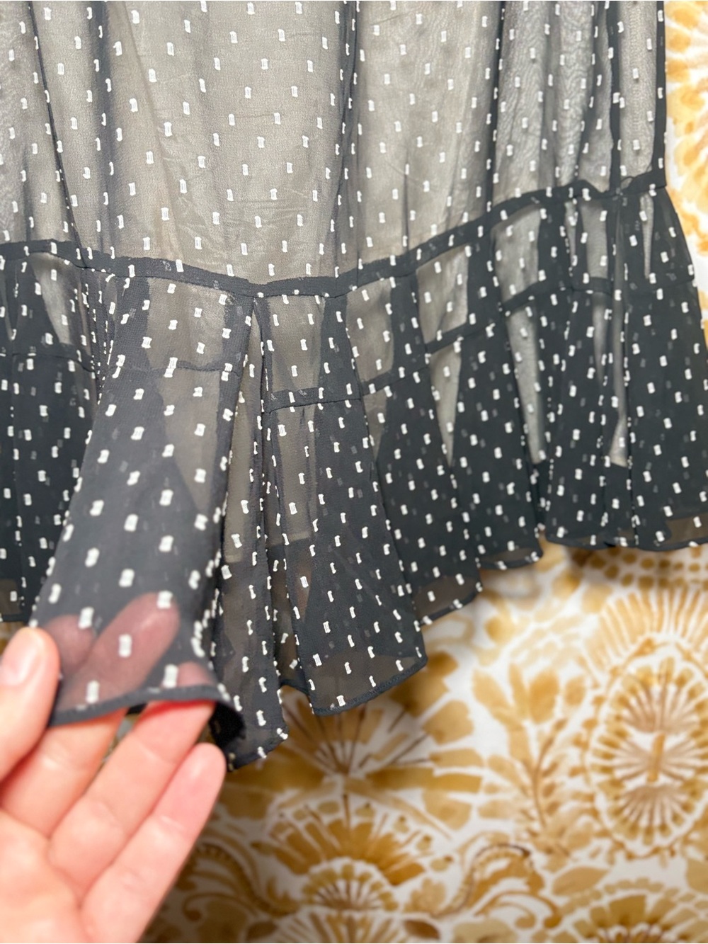 LOFT Black Swiss Dot Ruffle Midi Skirt | Sheer Overlay Romantic Date Night Skirt - Picture 6 of 8